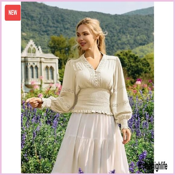 Renaissance Boho Blouse Long Sleeve V Neck Smocked Peasant Top - Picture 3 of 8